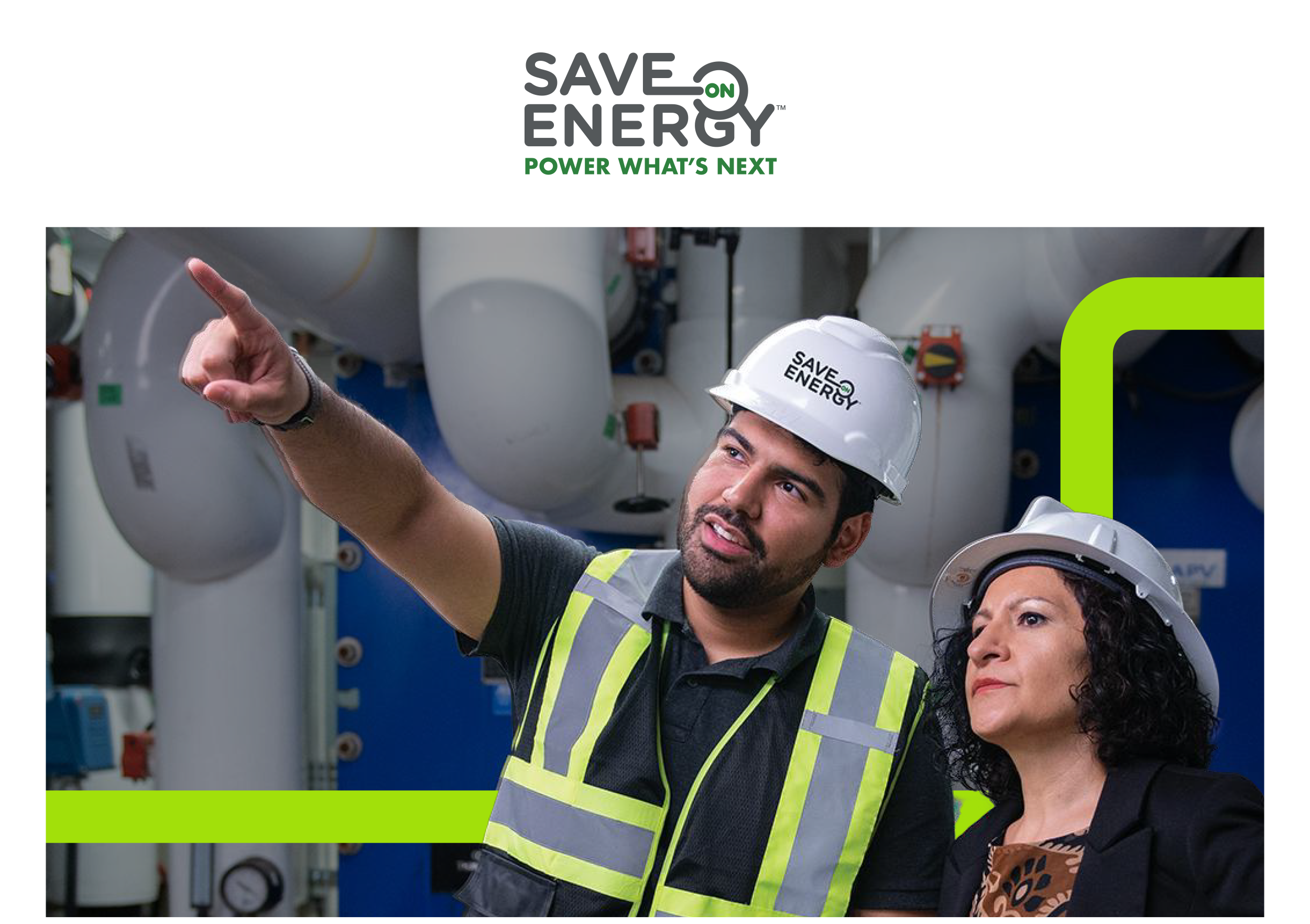 Save on Energy. Power what’s next. Does your greenhouse have a long way to grow? Upgrade with the help of Save on Energy incentives: Image of a bearded man picking ripe tomatoes off a vine, in a large greenhouse space.