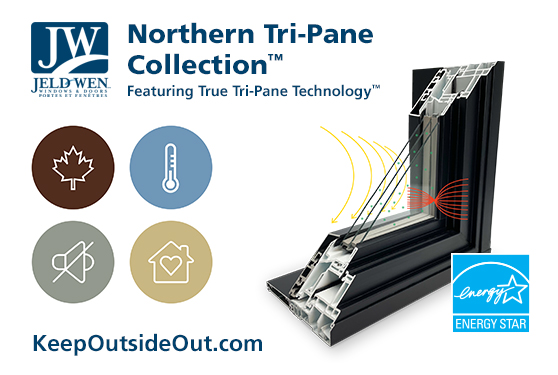 JELD-WEN<sup>®</sup>’s Northern Tri-Pane Collection™ keeps outside out. 