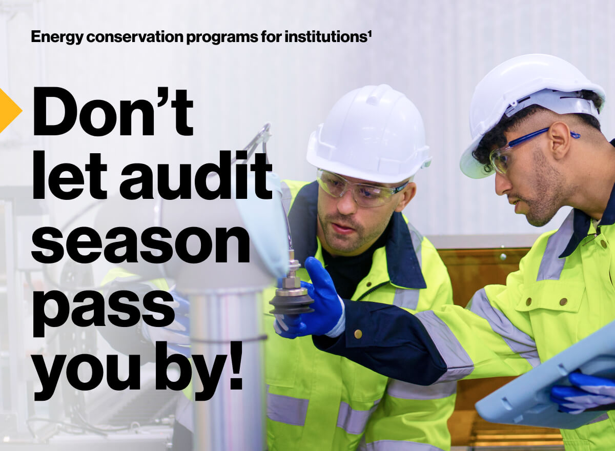 Energy conservation programs for institutions¹. Don’t let audit season pass you by: Image of two engineers examining and making adjustments to a steam system.