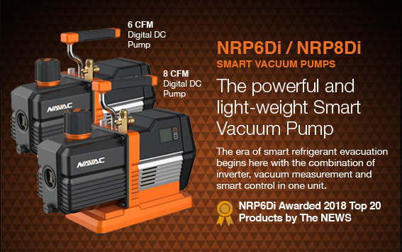 NRP6Di / NRP8Di SMART VACUUM PUMPS  ||  The powerful and light-weight Smart Vacuum Pump. The era of smart refrigerant evacuation begins here with the combination of inverter, vacuum measurement and smart control in one unit.