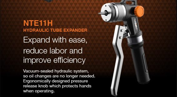NTE11H || HYDRAULIC TUBE EXPANDER. Expand with ease, reduce labor and improve efficiency. Vacuum-sealed hydraulic system, so oil changes are no longer needed. Ergonomically designed pressure release knob which protects hands when operating.