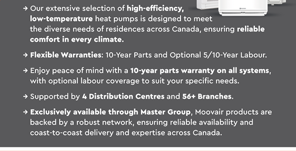 → Our extensive selection of high-efficiency, low temperature heat pumps is designed to meet the diverse needs of residences across Canada, ensuring reliable comfort in every climate.
                              → Flexible Warranties: 10-Year Parts and Optional 5/10-Year Labour.
                              → Enjoy peace of mind with a 10-year parts warranty on all systems, with optional labour coverage to suit your specific needs.
                              → Supported by 4 Distribution Centres and 56+ Branches.
                              → Exclusively available through Master Group, Moovair products are backed by a robust network, ensuring reliable availability and coast-to-coast delivery and expertise across Canada.