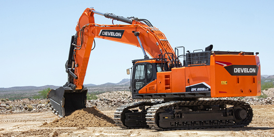 DEVELON DX800-7 crawler excavator at work at a mining location.