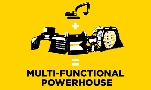 Installato su un escavatore Caterpillar, il frantoio BF90.3 frantuma un pavimento industriale all’interno di un edificio.
