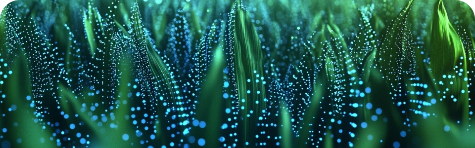 Digital illustration of emerging crop covered in glowing blue dots. 