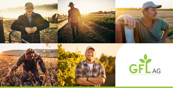 A collage of farmers. Some are posing and smiling, others are working. The GFL Ag logo is in the bottom-right corner.
